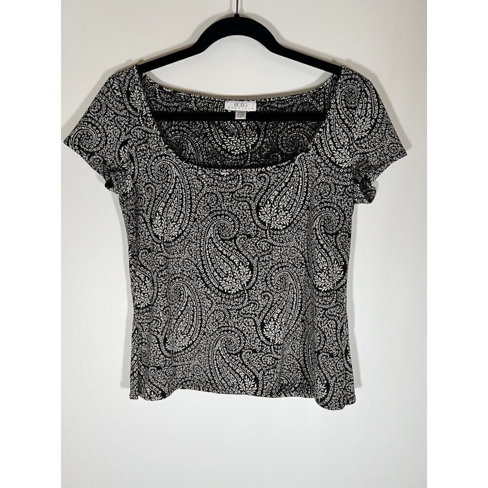 BCBG Max Azria Vintage Y2K black white cap slv baby doll paisley top L coquette